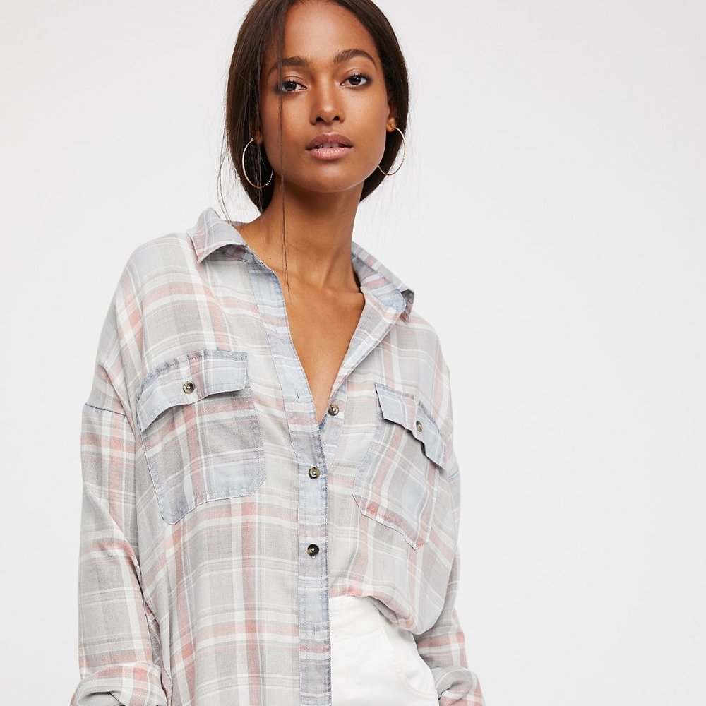 Free People Campfire Crush Plaid Button Down Shirt - Gray and Pink